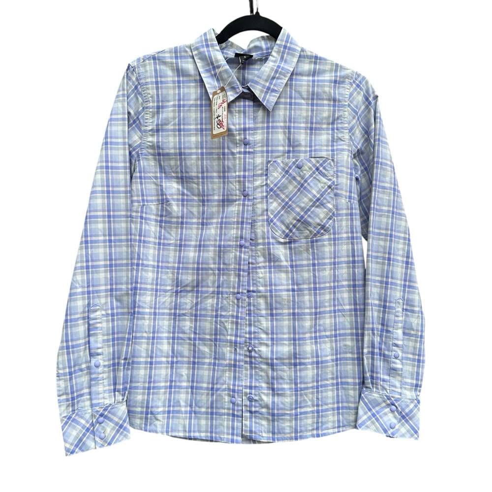 PATAGONIA worn wear womens Blue Plaid button up shirt size SMALL front pocket